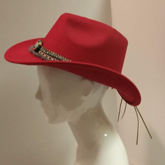 RESERVED Southern Red Cowboy Hat Turquoise Tassels Pendants Fringe Accent Boho - Picture 11 of 17